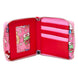 Portefeuille Loungefly Hello Kitty posé sur fond blanc montrant la doublure intérieure assortie