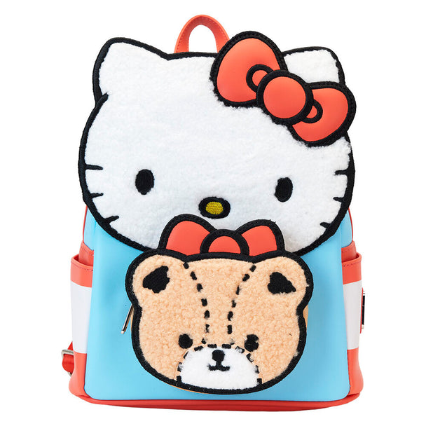 Vue avant du sac à dos Loungefly Hello Kitty et Ours en simili cuir vegan avec détails brodés et sherpa