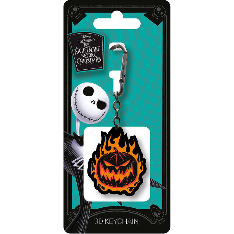 Porte-clés 3D Citrouille en flammes du film Disney L'Étrange Noël de Monsieur Jack, en caoutchouc et métal, design détaillé signé PYRAMID.