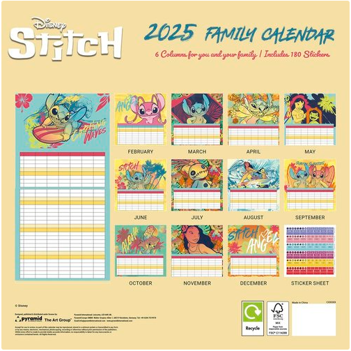 Calendrier familial Disney Stitch 30x30cm avec six colonnes mensuelles pour organiser les emplois du temps