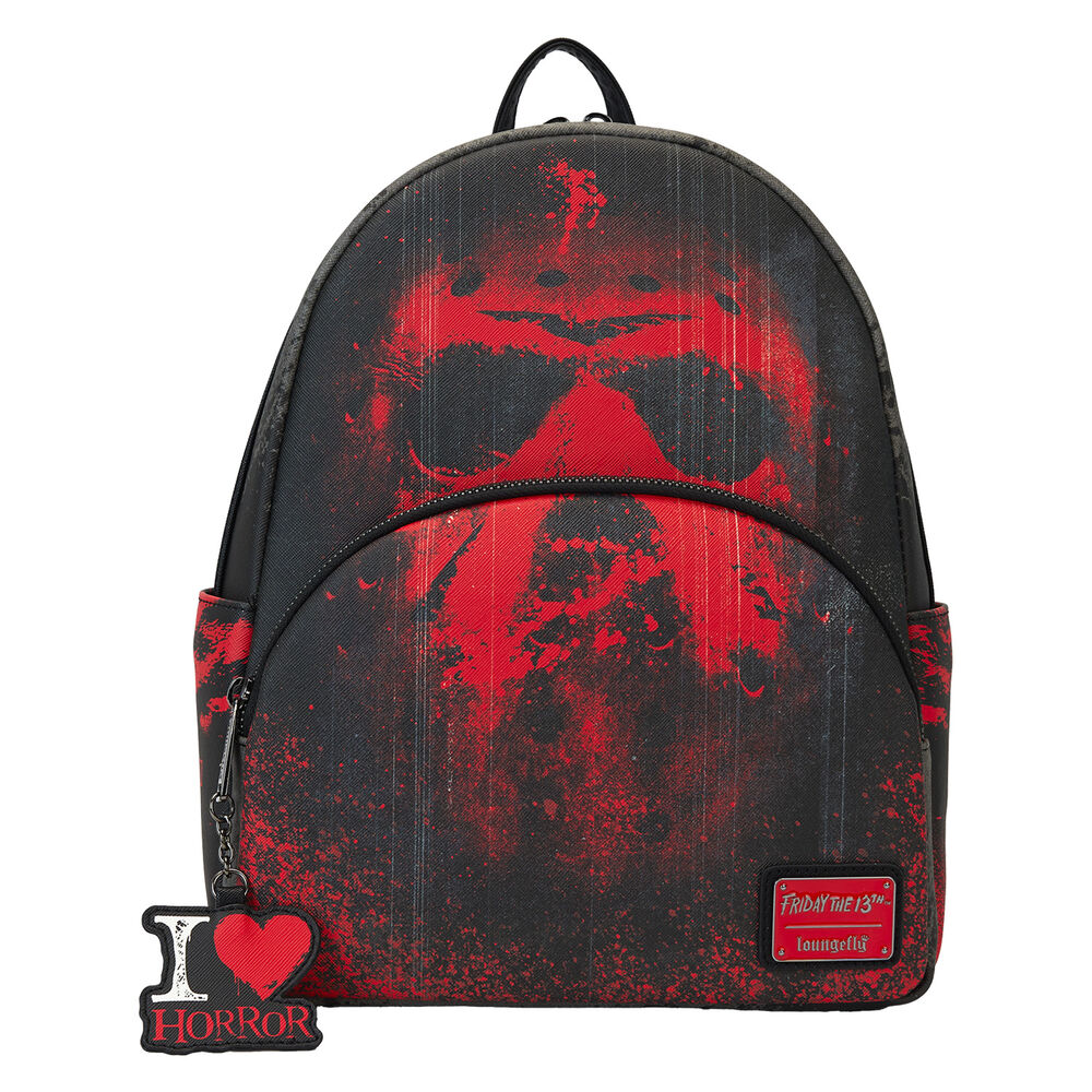 Vue de face du sac à dos Loungefly Friday 13th Brothers avec design détaillé des frères