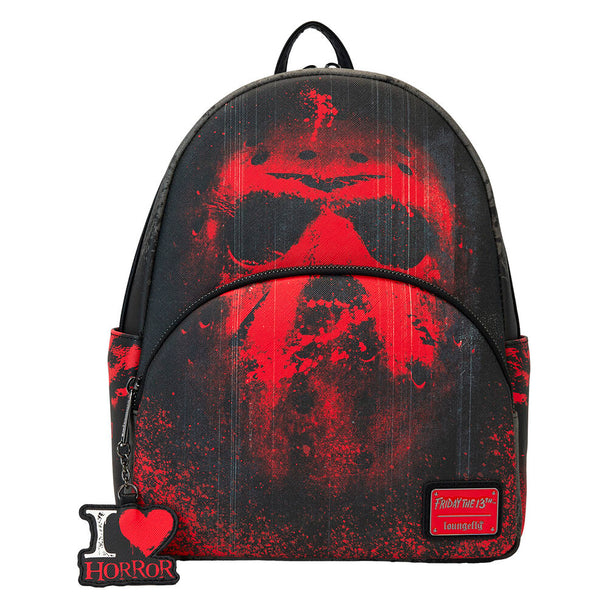 Vue de face du sac à dos Loungefly Friday 13th Brothers avec design détaillé des frères
