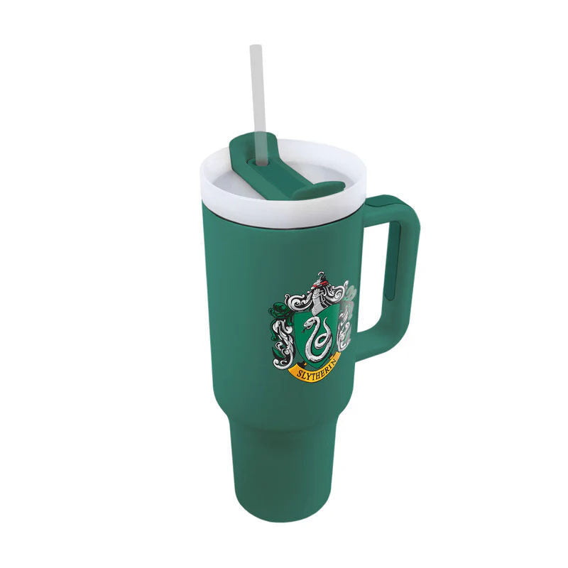 Vue de profil du thermos Slytherin montrant sa finition en acier inoxydable et sa capacité