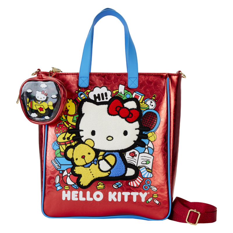 Vue avant du sac tote Loungefly Hello Kitty 50e anniversaire avec pochette amovible et détails métalliques dorés