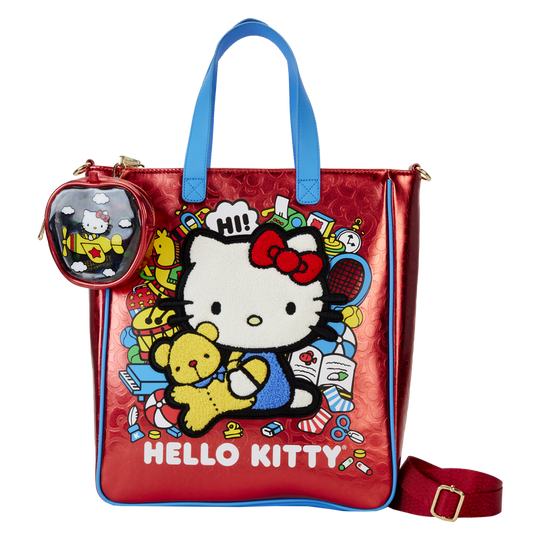 Vue avant du sac tote Loungefly Hello Kitty 50e anniversaire avec pochette amovible et détails métalliques dorés