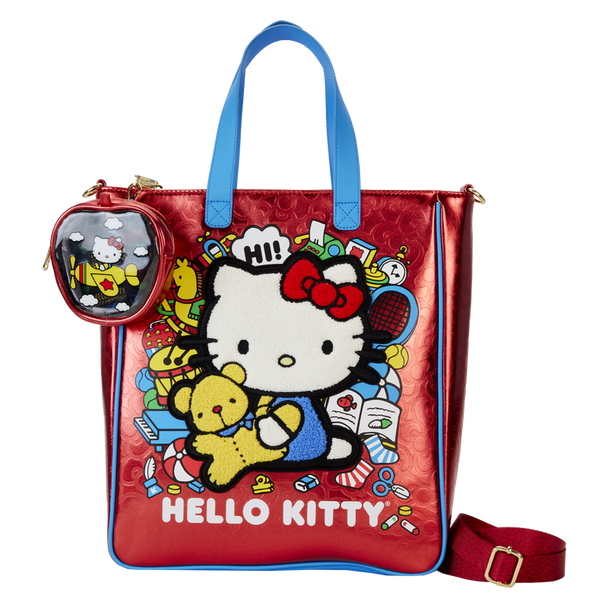 Vue avant du sac tote Loungefly Hello Kitty 50e anniversaire avec pochette amovible et détails métalliques dorés