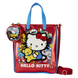 Vue avant du sac tote Loungefly Hello Kitty 50e anniversaire avec pochette amovible et détails métalliques dorés