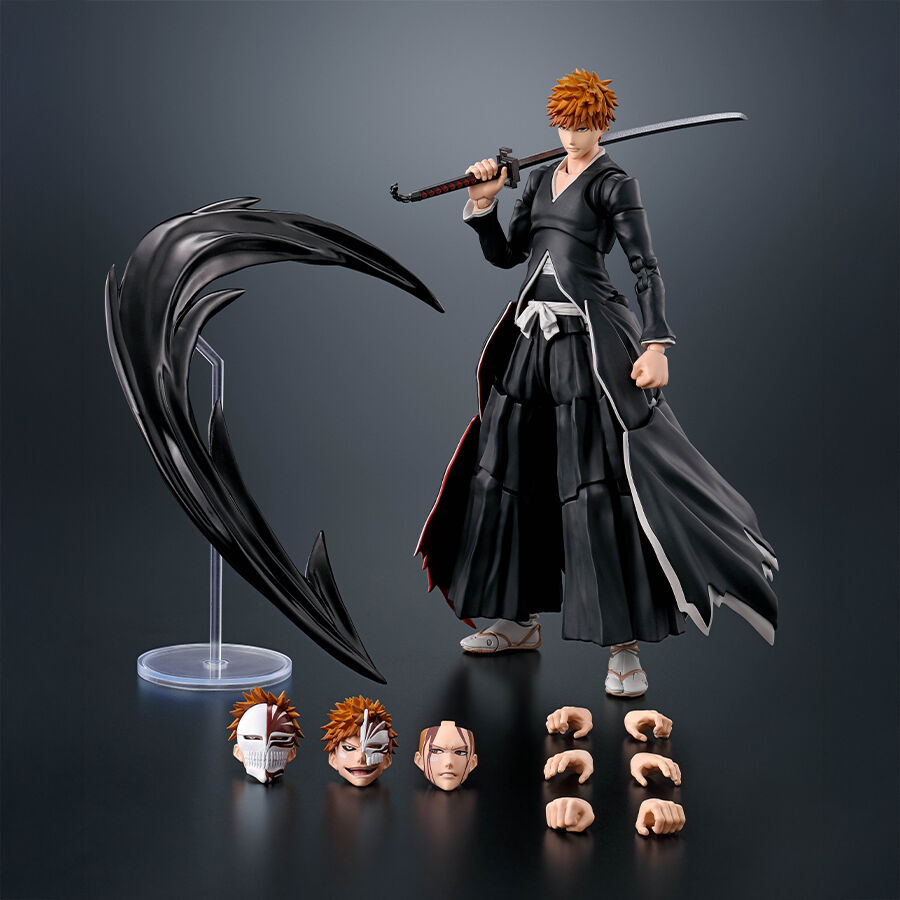 Détail des trois expressions faciales interchangeables de la figurine Ichigo Kurosaki S.H. Figuarts