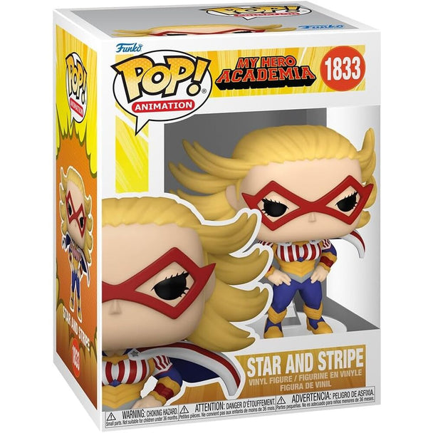 Vue rapprochée de la figurine Funko POP Star and Stripe avec détails colorés et packaging collector