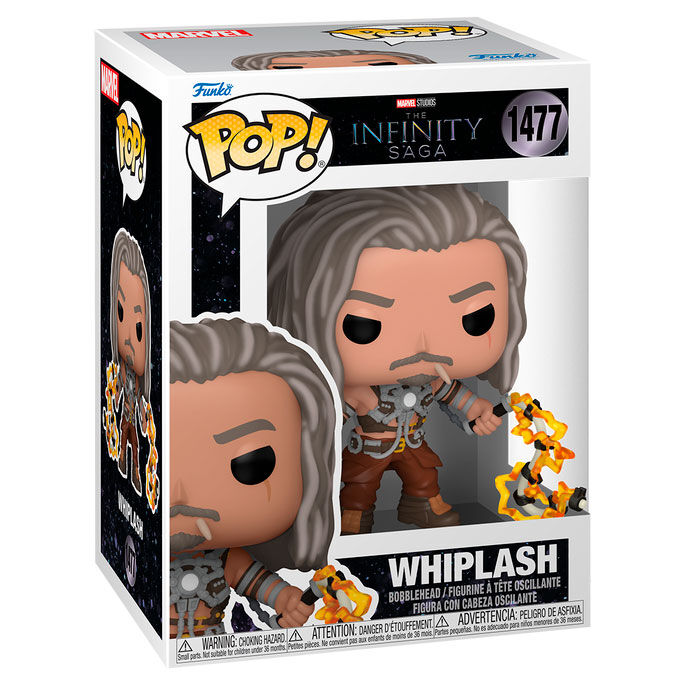 Zoom sur la figurine Funko POP Whiplash Marvel Infinity Saga avec détails précis et couleurs vives sur fond blanc.