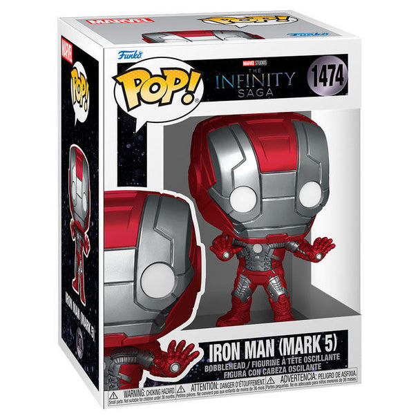 Figurine Funko POP Iron Man Mark 5 de 9 cm avec détails précis et couleurs vives dans sa boîte cadeau Marvel Infinity Saga