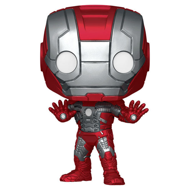 Vue rapprochée de la figurine Funko POP Iron Man Mark 5 montrant le design détaillé et le packaging collector Marvel
