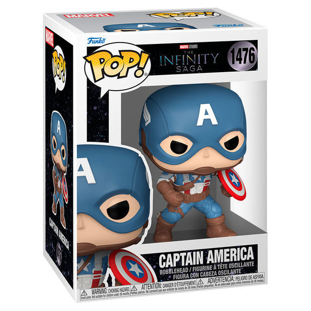 Figurine Funko POP Captain America en vinyle de 9 cm avec bouclier, issue de la saga Marvel Infinity, présentée dans sa boîte cadeau.