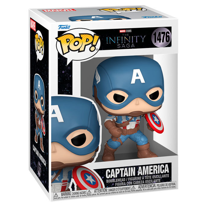 Figurine Funko POP Captain America en vinyle de 9 cm avec bouclier, issue de la saga Marvel Infinity, présentée dans sa boîte cadeau.