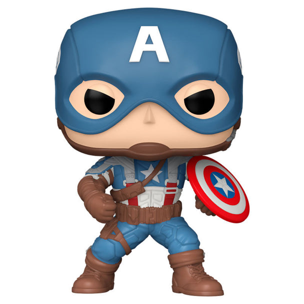 Vue rapprochée de la figurine Funko POP Captain America Marvel Infinity Saga, mettant en avant les détails du costume et du bouclier.