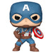 Vue rapprochée de la figurine Funko POP Captain America Marvel Infinity Saga, mettant en avant les détails du costume et du bouclier.