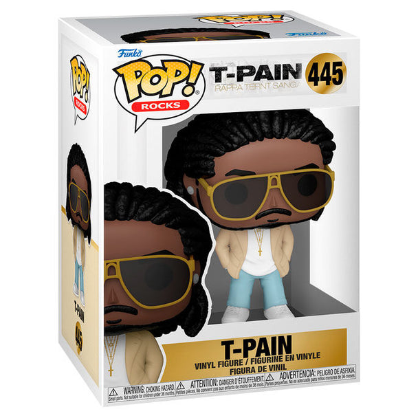 Vue rapprochée de la figurine Funko POP T-Pain avec détails du visage et tenue fidèle à l'artiste