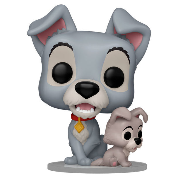 Vue rapprochée de la figurine Funko POP Lady and the Tramp avec chiot, détail des couleurs et finition vinyle