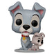 Vue rapprochée de la figurine Funko POP Lady and the Tramp avec chiot, détail des couleurs et finition vinyle