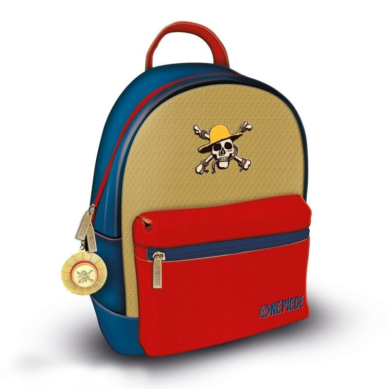 Sac à dos One Piece 29 cm en PU avec poches multiples et détails métalliques embossés, vue de face.