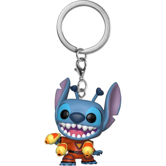 Porte-clés FUNKO Pocket POP Disney Lilo & Stitch montrant Stitch en position dynamique sur fond blanc