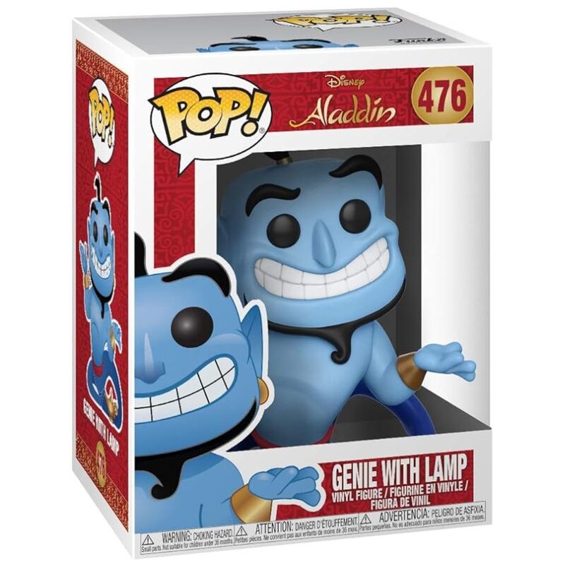 Vue rapprochée de la figurine Funko POP Génie d'Aladdin montrant les détails colorés et son expression joyeuse