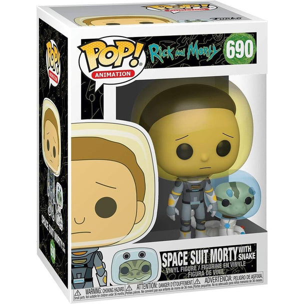 Détail de la figurine Funko POP Morty Rick & Morty avec serpent, mettant en valeur les couleurs et le design vinyle