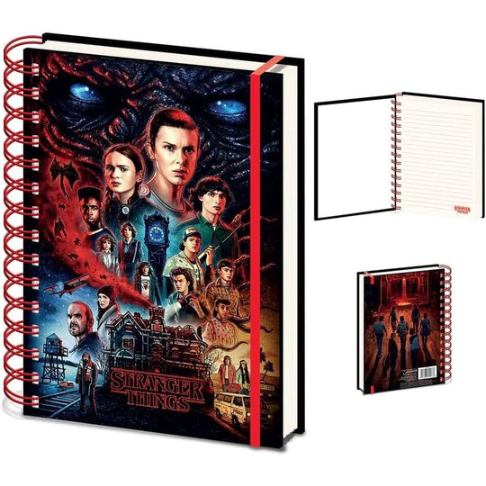 Cahier A5 Stranger Things PYRAMID avec couverture illustrée, dimensions 21x15 cm, idéal pour notes et dessins.