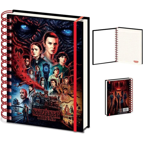 Cahier A5 Stranger Things PYRAMID avec couverture illustrée, dimensions 21x15 cm, idéal pour notes et dessins.