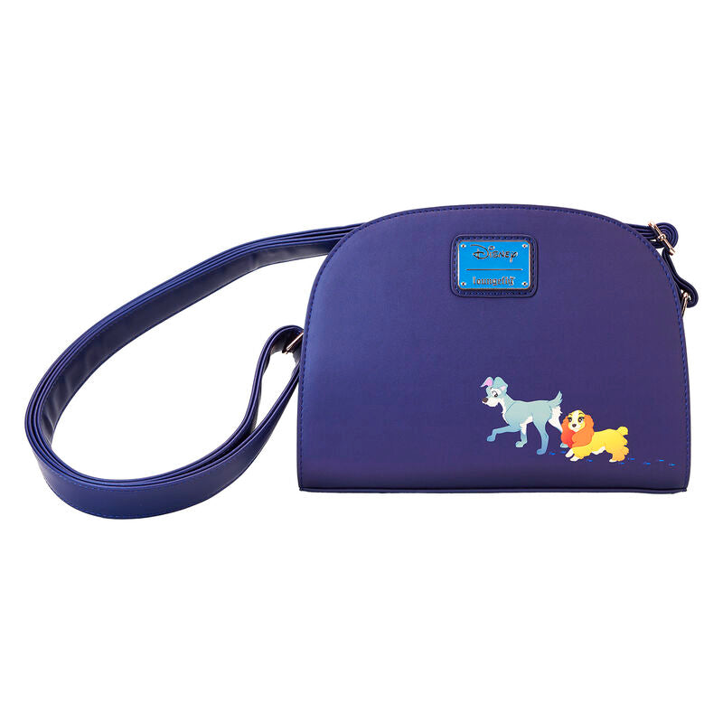 Vue de face du sac à bandoulière Loungefly avec appliqués et motifs irisés inspirés du film La Belle et le Clochard