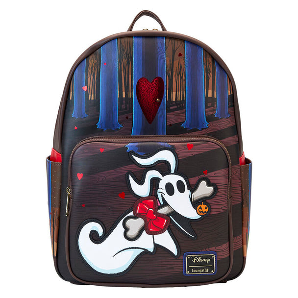 Vue de face du sac à dos Loungefly Disney Zero en simili cuir vegan avec détails dorés et brodés