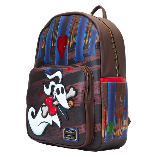 Zoom sur la poche avant zippée du sac à dos Loungefly Disney Zero avec détails embossés
