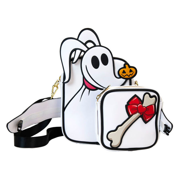Vue de face du sac Loungefly Disney Zero montrant les détails appliqués et imprimés du personnage Zero