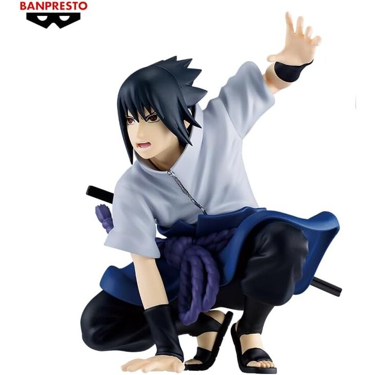 Gros plan sur le visage expressif de la figurine Sasuke Uchiha édition BANPRESTO 9 cm