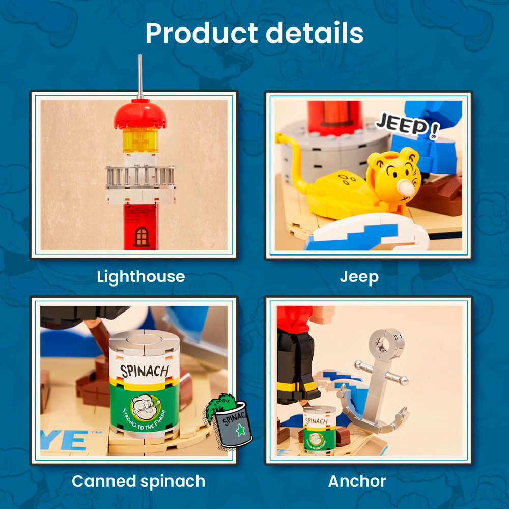 Présentation des pièces robustes et colorées du kit Popeye & Olivia pour une construction stable