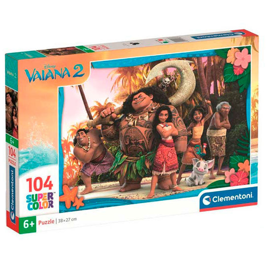 Puzzle Disney Vaiana Moana 104 pièces de CLEMENTONI avec illustration colorée de Moana.