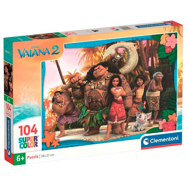 Puzzle Disney Vaiana Moana 104 pièces de CLEMENTONI avec illustration colorée de Moana.