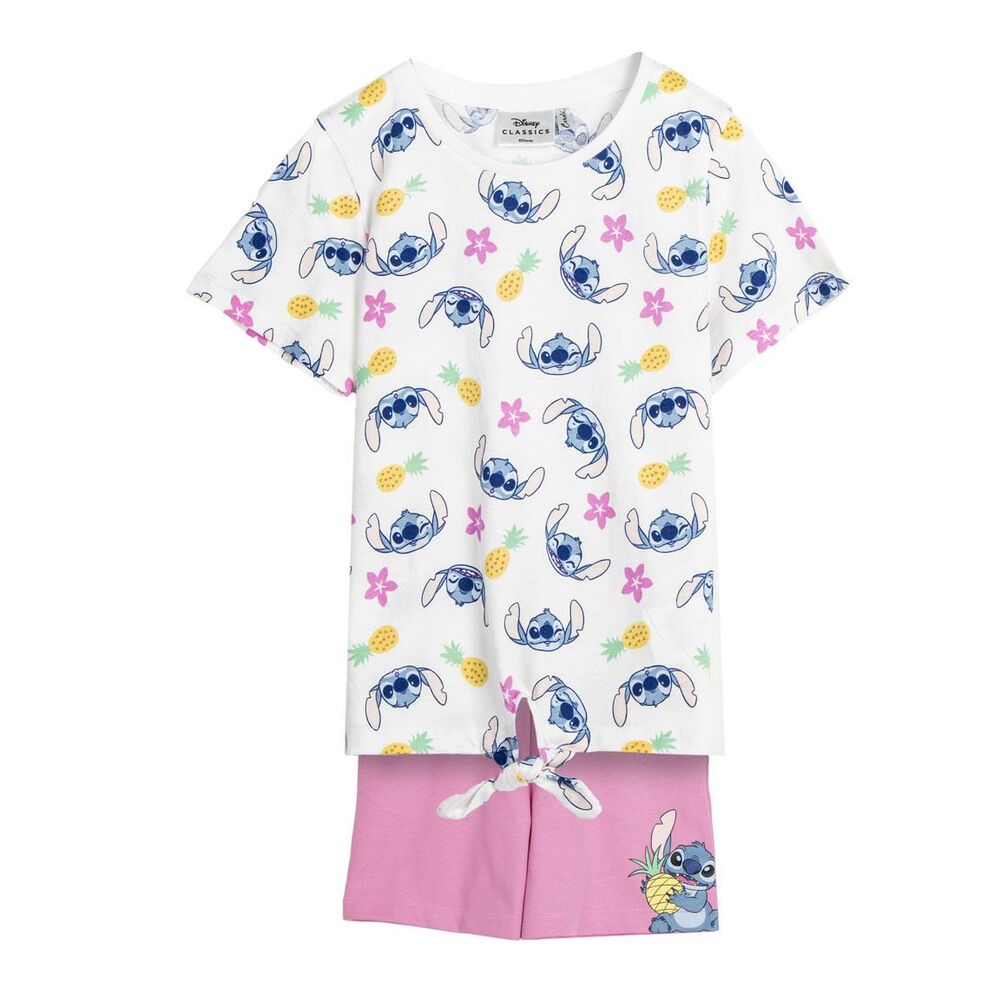 Ensemble Disney Stitch pour enfant présenté sur fond blanc, mettant en valeur le design et la qualité du tissu 100% coton.