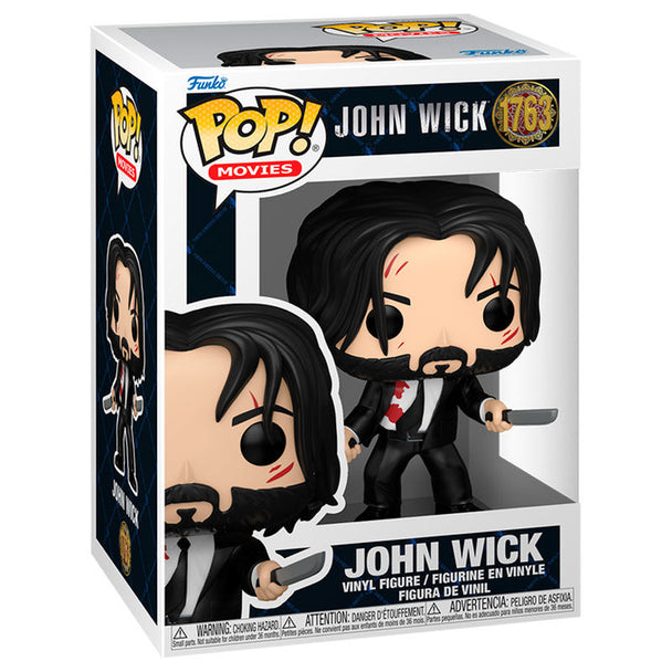 Figurine Funko POP John Wick de 9cm en vinyle avec double couteaux, présentée sous un angle frontal détaillé