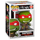 Zoom sur les détails de la figurine Funko POP Raphael Ninja Turtles The Last Ronin avec sa couleur verte et son bandana rouge.