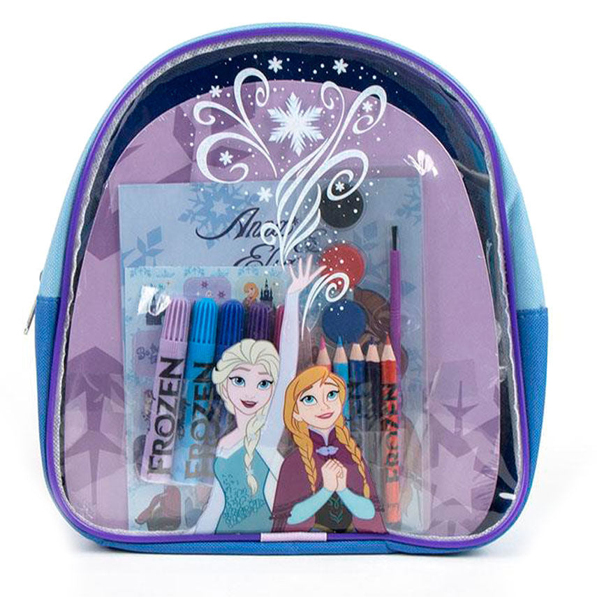 Set de papeterie complet Disney Frozen comprenant crayons, règles et gommes dans un sac à dos