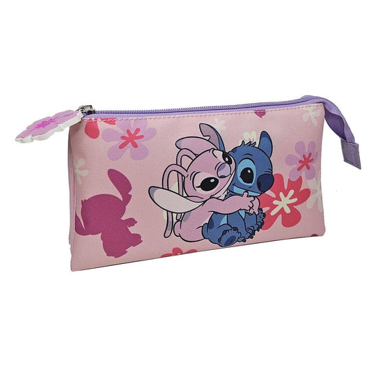 Trousse triple Disney Stitch & Angel MANENTI vue de face avec fermeture éclair, dimensions 22x14x3,5cm, idéale pour organiser fournitures scolaires.
