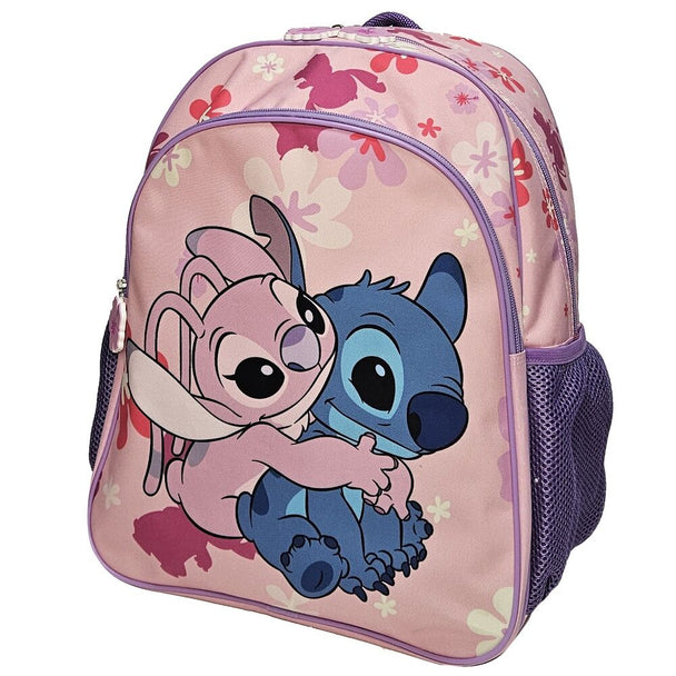 Vue latérale du sac à dos Disney Angel & Stitch montrant les compartiments et la qualité des matériaux