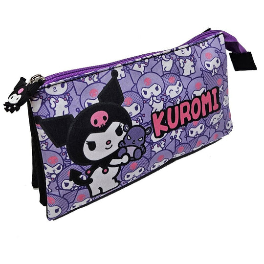 Trousse triple Hello Kitty Kuromi MANENTI avec trois compartiments, dimensions 22x14x3,5 cm, design coloré et pratique pour l'organisation scolaire.