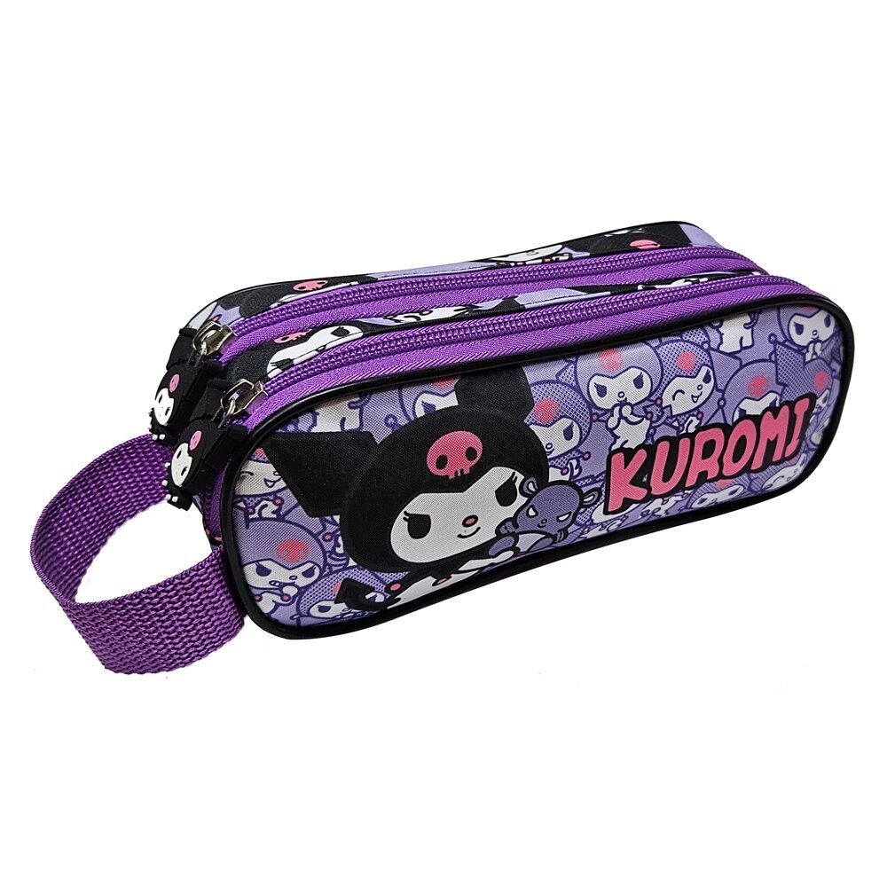 Trousse double Hello Kitty Kuromi MANENTI vue de face avec fermeture éclair, dimensions 21x8x6 cm, design kawaii rose et noir.