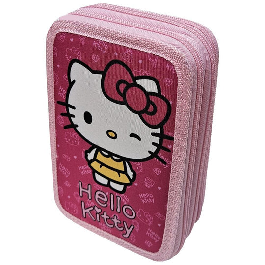 Trousse triple Hello Kitty My Style MANENTI ouverte montrant ses trois compartiments et son design coloré.