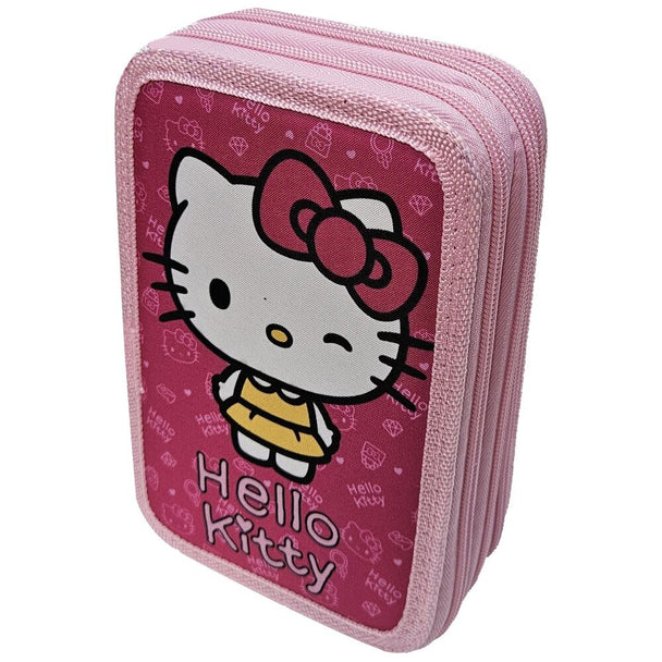 Trousse triple Hello Kitty My Style MANENTI ouverte montrant ses trois compartiments et son design coloré.