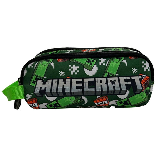 Trousse double Minecraft MANENTI de couleur vive avec motifs du jeu, dimensions 21x8x6cm, parfaite pour ranger stylos et accessoires scolaires.