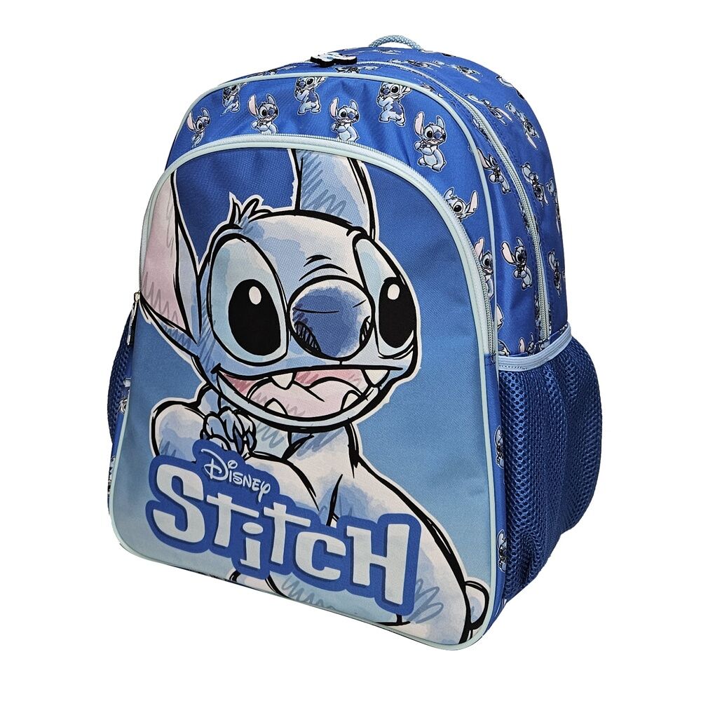 Sac à dos Disney Stitch 40 cm de marque MANENTI posé sur une table, montrant son design coloré et ses dimensions.
