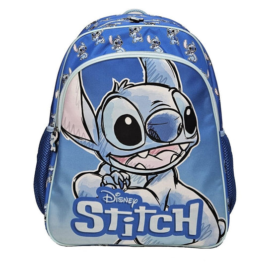 Vue de profil du sac à dos Disney Stitch 40 cm avec bretelles rembourrées et détails du personnage Stitch.